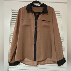Mine - Brown & Black Long-Sleeve Sheer Lightweight Button Top